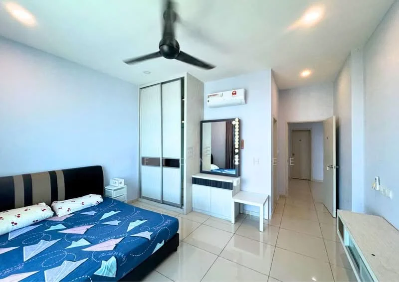 Bedroom features: queen-size bed with patterned bedding, upholstered headboard, built-in wardrobe with sliding doors, vanity table with mirror, wall-mounted mirror, 1 wall-mounted split AC, ceiling fan, white painted walls, glossy tile flooring, doorway leading to hallway; style: modern.