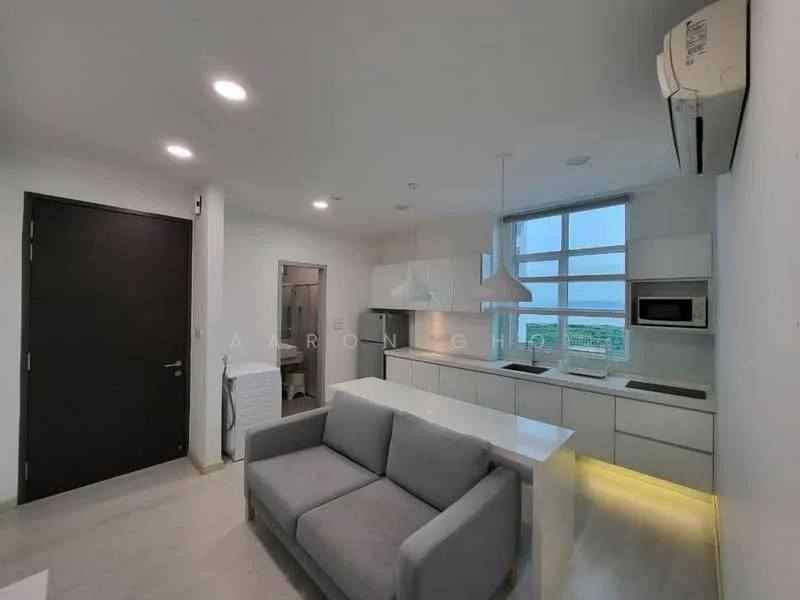 Kitchen features: white cabinetry, grey countertop, stainless-steel microwave, built-in oven, stainless-steel sink, chrome pull-down faucet, pendant lighting, recessed downlights, floor-to-ceiling windows, open layout, air conditioning unit, grey fabric sofa, light wood flooring; style: modern; view: garden.
