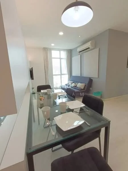 Dining features: glass dining table, 4 upholstered dining chairs, white ceramic plates, white cups, grey walls, floor-to-ceiling windows, curtains, wall-mounted TV, sofa bed in purple, air conditioning unit, recessed ceiling lights; style: modern.