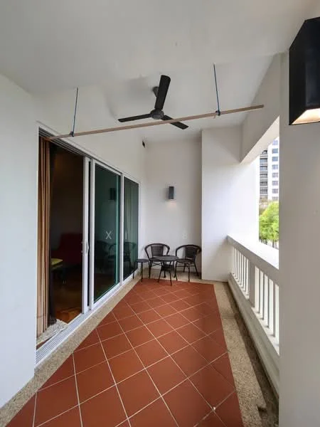 Balcony features: terracotta tile flooring, ceiling fan, glass sliding door, two outdoor chairs, wooden railing, wall-mounted light fixtures; style: modern; view: city.