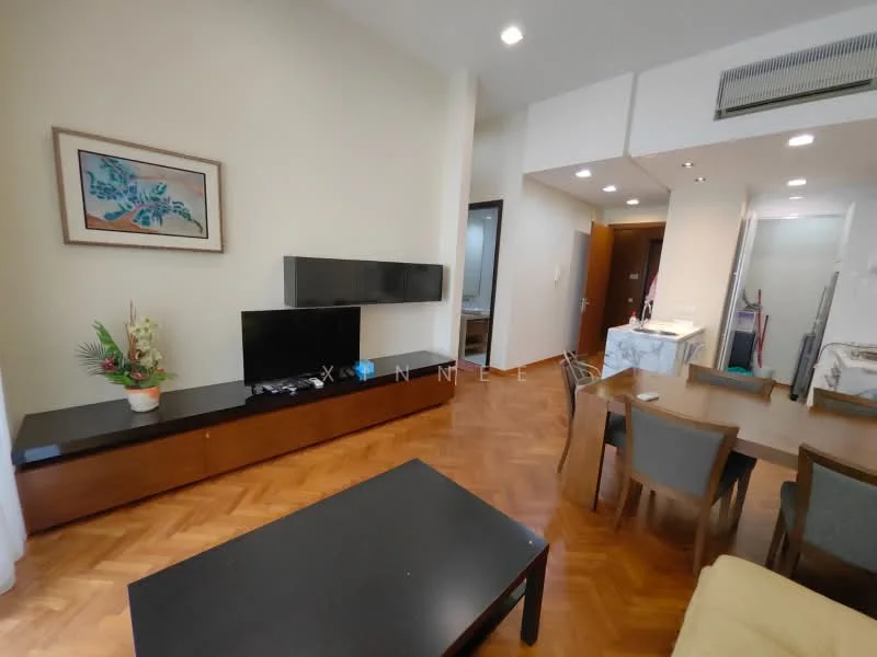 Living features: parquet wood flooring, white painted walls, ceiling-mounted air conditioning unit, wall-mounted TV, black TV console, light-colored sofa, dining table with four chairs, decorative artwork on wall, indoor plant in ceramic pot, recessed lighting, open layout to adjacent room; style: modern.