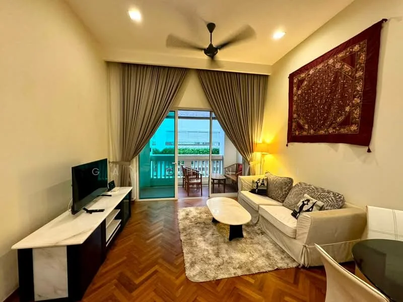 Living features: 3-seater fabric sofa in white, coffee table with marble top, TV console with storage, wall-mounted TV, area rug with soft texture, ceiling fan, floor-to-ceiling sliding glass door, curtains in light grey, decorative wall hanging, lampshade floor lamp; style: modern; view: city.