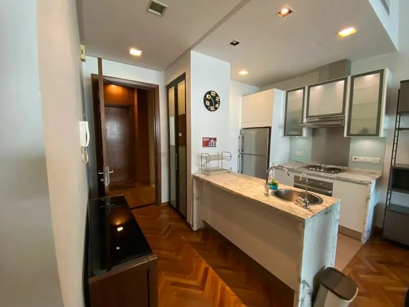 Kitchen features: marble countertop, stainless-steel sink, chrome pull-down faucet, built-in oven, freestanding range oven, white cabinetry, wooden flooring, open shelving, recessed downlights; style: modern. Room features: wooden door, wall-mounted clock, light switch.