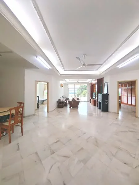 Living features: marble flooring, white painted walls, tray ceiling, 5-blade ceiling fan, large windows with garden view, sofa set, coffee table, TV console, built-in cabinetry, dining table with chairs; style: modern; view: garden.