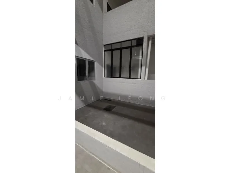 Room features: grey concrete flooring, white painted walls, large windows, natural light, open space, no visible furniture; style: modern.