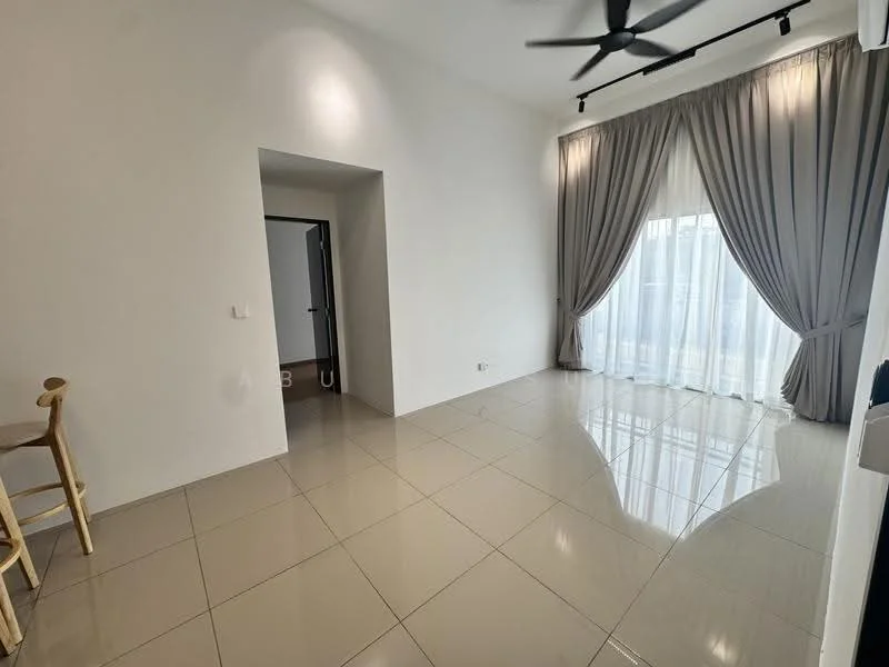 Room features: white painted walls, glossy ceramic tile flooring, floor-to-ceiling windows, sheer curtains, 5-blade ceiling fan, recessed downlights, open space layout, neutral color scheme; style: modern.
