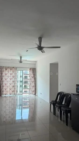 Living features: white painted walls, glossy ceramic tile flooring, 5-blade ceiling fan with light, floor-to-ceiling windows, sheer curtains, sliding glass door, balcony access, three black plastic chairs, small fridge, natural light from windows; style: modern.