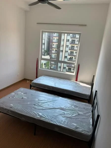 Bedroom features: two single beds with mattresses, black metal bed frames, ceiling fan, large window with city view, light-colored walls, wooden flooring, curtains, no visible decor; view: city.