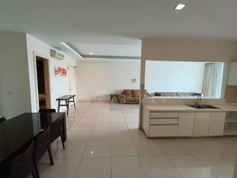 Living features: white painted walls, tile flooring, recessed downlights, sofa in beige, coffee table, TV console, floor-to-ceiling windows with sheer curtains, open layout to dining area, dining table with four chairs, kitchen island with sink, kitchen cabinetry in white; style: modern. Room features: white painted walls, tile flooring, recessed downlights.