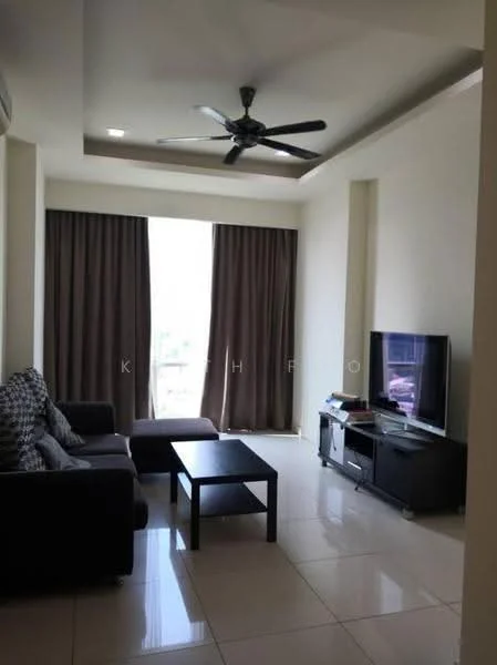 Living features: 3-seater fabric sofa in grey, ottoman, black coffee table, wall-mounted TV, TV console, floor-to-ceiling windows, brown curtains, recessed downlights, ceiling fan with 5 blades, glossy tile flooring, neutral painted walls, decorative cushions; style: modern; view: city.
