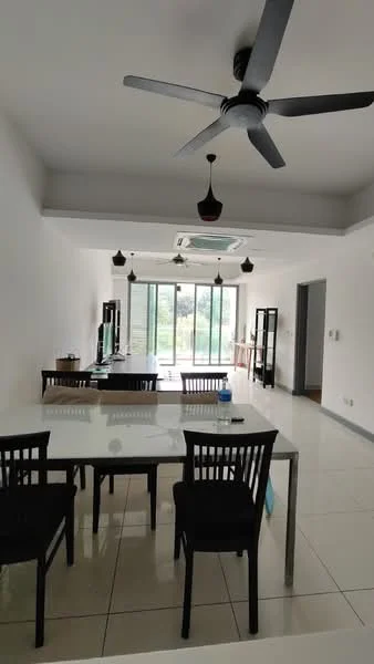 Dining features: white walls, polished tile flooring, 5-blade ceiling fan with light, dining table with 6 chairs, recessed downlights, floor-to-ceiling windows, sliding glass door, view of garden, TV console, wooden shelving unit, decorative wall art; style: modern; view: garden.