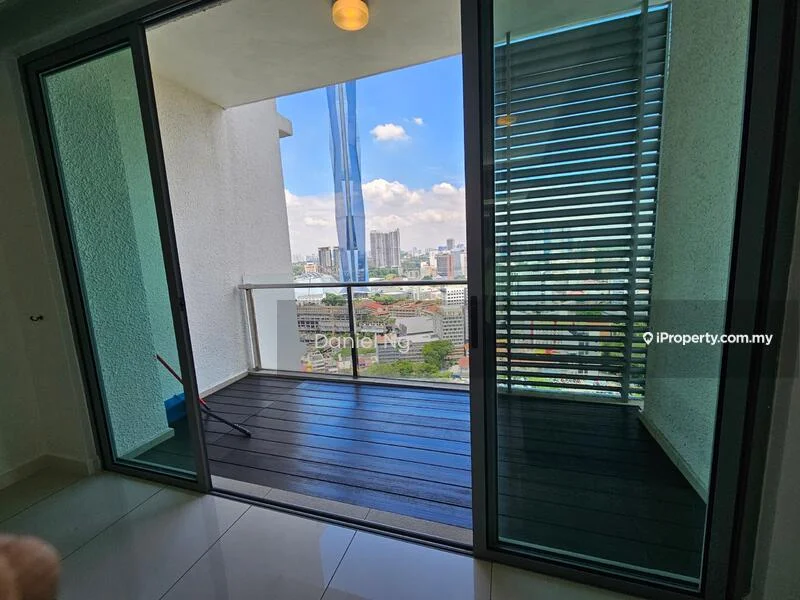Room features: floor-to-ceiling sliding glass doors, glass balcony railing, grey wooden decking, city skyline view, white painted walls, recessed ceiling light, large windows, sliding window treatments; style: modern; view: city.