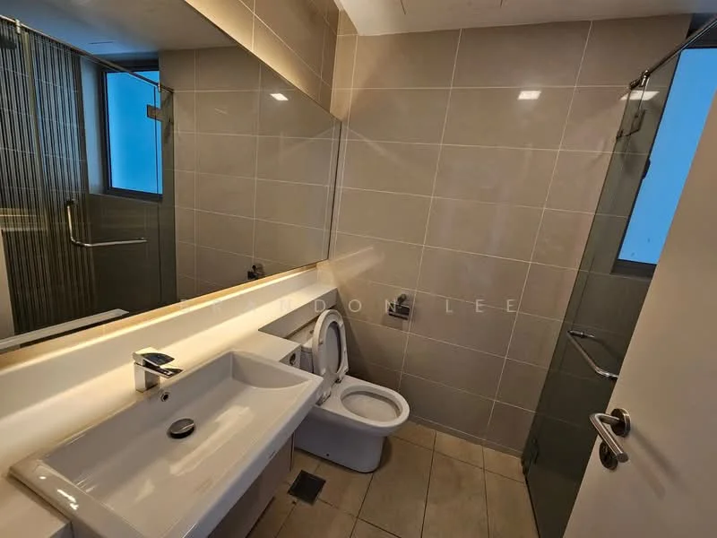 Bathroom features: grey tiled walls, cream tiled flooring, single-sink vanity with white cabinet, chrome basin mixer faucet, framed mirror above vanity, toilet, walk-in shower with glass enclosure, rain shower head, glass shower door, towel rail, window for natural light; style: modern.