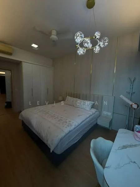 Bedroom features: king-size bed with light bedding, upholstered headboard, chandelier light fixture, 5-blade ceiling fan, built-in wardrobe with sliding doors, wooden flooring, desk with marble top, white chair, wall-mounted mirror; style: modern.