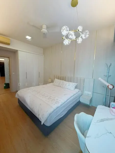 Bedroom features: queen-size bed with white bedding, upholstered headboard, nightstand with lamp, desk with marble top, white chair, chandelier light fixture, ceiling fan, built-in wardrobe with sliding doors, wooden flooring, neutral wall colour; style: modern.