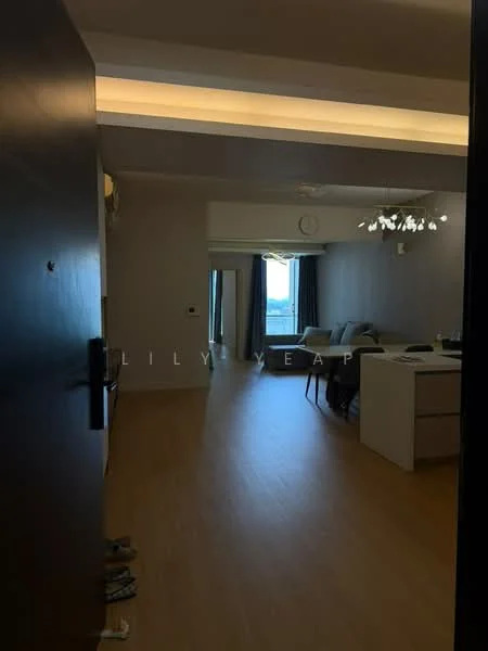 Room features: light wood flooring, white painted walls, recessed downlights, ceiling light fixture, floor-to-ceiling windows, curtains, open layout, dining area, living area, view of city skyline; style: modern; view: city.