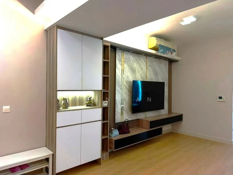 Living features: light wood flooring, white painted walls, built-in cabinetry with white doors, marble feature wall, wall-mounted TV, floating TV console, shelving with decorative items, recessed ceiling lights; style: modern.