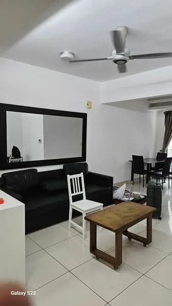 Living features: black leather sofa, white wooden chair, wooden coffee table, large wall mirror, white painted walls, glossy tile flooring, 5-blade ceiling fan, recessed lighting, dining table with chairs, curtains on windows; style: modern.