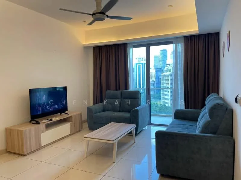 Living features: 3-seater fabric sofa in blue, 2-seater fabric sofa in blue, coffee table with white top and wooden legs, wall-mounted TV, TV console in light wood, floor-to-ceiling windows, curtains in brown, recessed downlights, ceiling fan, white painted walls, glossy tile flooring; style: modern; view: city.