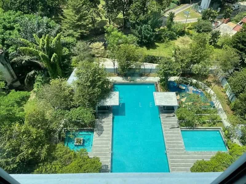 Exterior type: swimming pool deck; features: infinity pool, lap pool, surrounding greenery, landscaped garden, pool deck with loungers, children's playground, manicured lawn, mature trees, stone-paved walkway; style: modern.