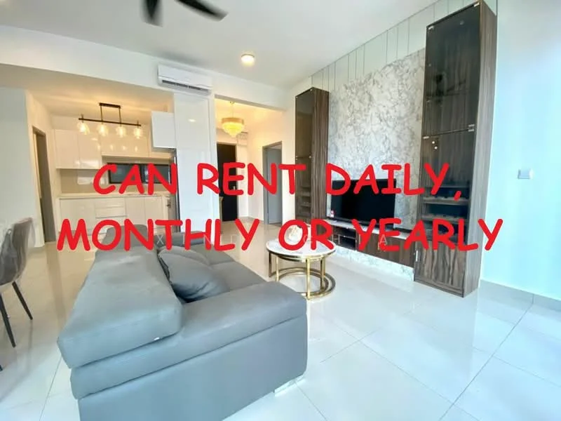 Living features: grey fabric sofa, round coffee table with gold base, wall-mounted TV, light-colored feature wall with stone cladding, built-in cabinets, white tiled flooring, ceiling fan, recessed lighting, air conditioning unit; style: modern.