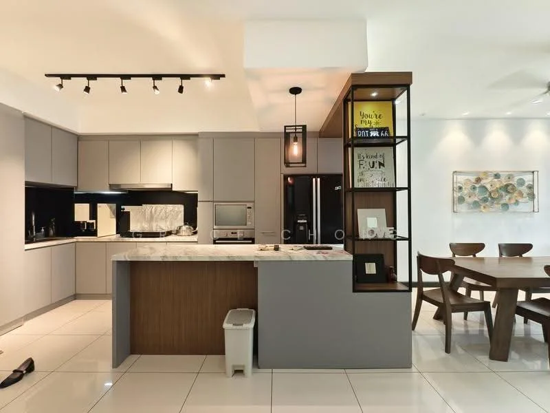 Kitchen features: grey cabinetry, white marble countertop, black backsplash, stainless-steel built-in oven, stainless-steel microwave, stainless-steel fridge, 4-burner gas hob, single-bowl stainless-steel sink, chrome pull-down faucet, pendant light, recessed downlights, open shelving, tile flooring, island with seating, decorative wall art; style: modern. Dining features: wood dining table, 4 wooden dining chairs, decorative wall art; style: modern.