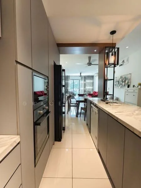Kitchen features: grey cabinetry, white marble countertop, built-in oven, stainless-steel fridge, dishwasher, pendant lighting, recessed downlights, open layout, white tiled flooring, island with seating, wall-mounted cabinets, kitchen island, view into dining area; style: modern; view: dining.