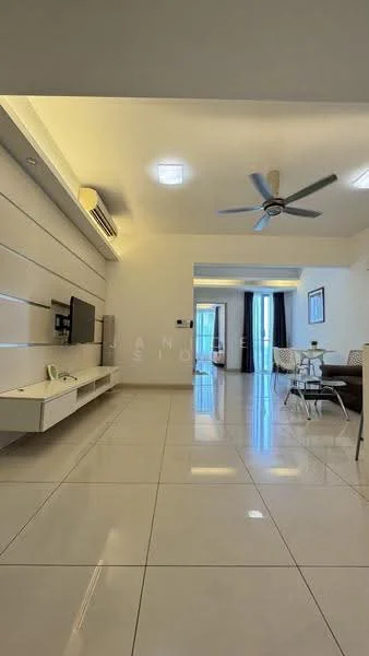 Living features: white painted walls, polished ceramic tile flooring, 5-blade ceiling fan with light, wall-mounted TV, TV console with storage, dining table with chairs, large windows with sheer curtains, recessed lighting, air conditioning unit; style: modern.