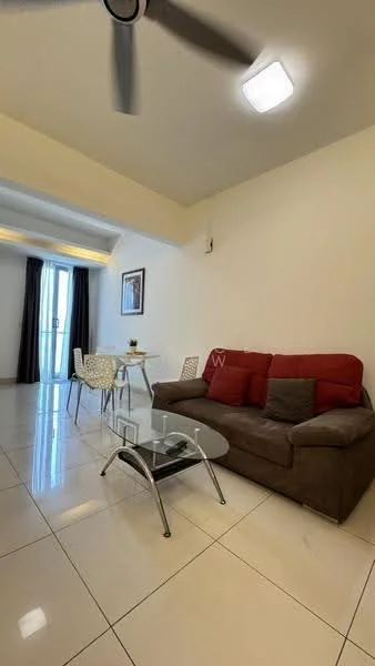 Living features: 3-seater fabric sofa in brown, red accent cushions, glass coffee table, white dining table for 4, white plastic dining chairs, floor-to-ceiling windows, curtains, recessed ceiling lights, polished tile flooring, ceiling fan with light; style: modern.