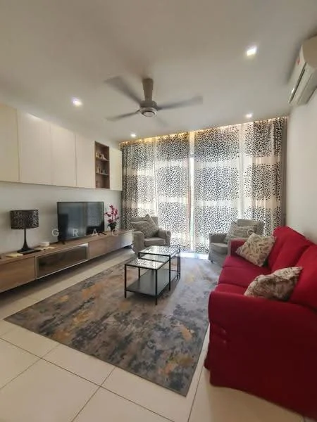 Living features: red fabric sofa, 2-seater fabric armchair, coffee table with glass top, TV console, wall-mounted TV, area rug with abstract pattern, white painted walls, recessed downlights, ceiling fan, floor-to-ceiling windows with sheer curtains, air conditioning unit; style: modern.