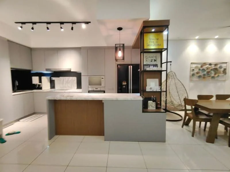 Kitchen features: grey cabinetry, white marble countertop, built-in oven, stainless-steel fridge, black glass cooktop, pendant lighting, recessed downlights, open shelving, dining table with wooden chairs, hanging chair, tile flooring, white walls, kitchen island; style: modern.