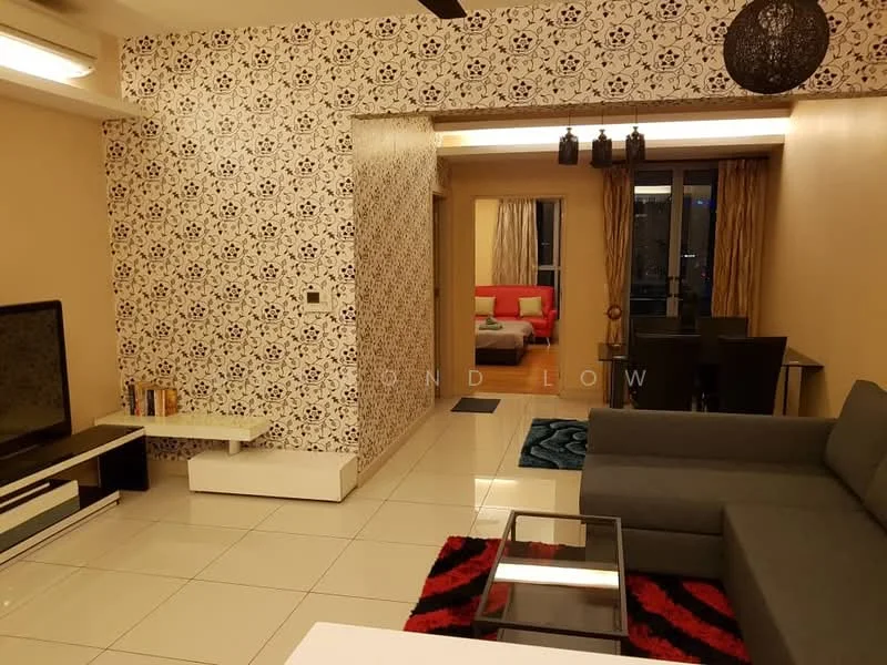 Living features: grey fabric sectional sofa, black coffee table with glass top, white TV console, wall-mounted TV, decorative wall with floral pattern, white tiled flooring, ceiling fan, area rug with red and black pattern, floor-to-ceiling windows with sheer curtains, dining area visible in background; style: modern; view: city. Dining features: 4-seater dining table, black dining chairs, open layout to living area; style: modern; view: city.