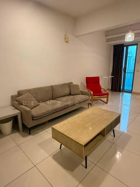 Living features: beige fabric 3-seater sofa, red accent chair, wooden coffee table with legs, white tiled flooring, floor-to-ceiling windows, curtains, hanging pendant light, wall-mounted air conditioning unit; style: modern; view: city.