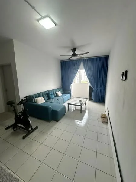 Living features: blue fabric sectional sofa, coffee table, floor-to-ceiling windows, blue curtains, white painted walls, tile flooring, ceiling fan, wall-mounted TV, exercise bike; style: modern.