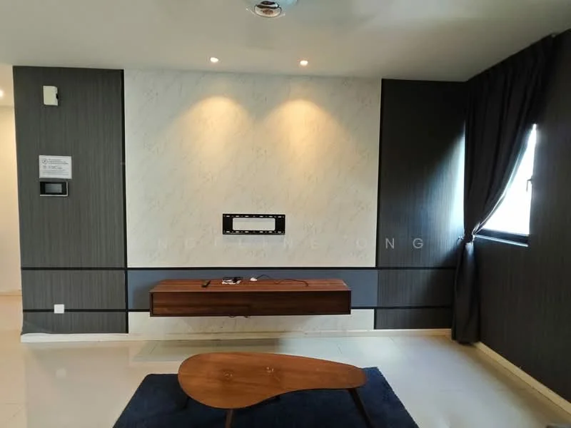 Living features: grey accent wall, white marble feature wall, recessed downlights, ceiling fan, wooden TV console, dark blue area rug, floor-to-ceiling window, blackout curtains, light-colored flooring; style: modern.
