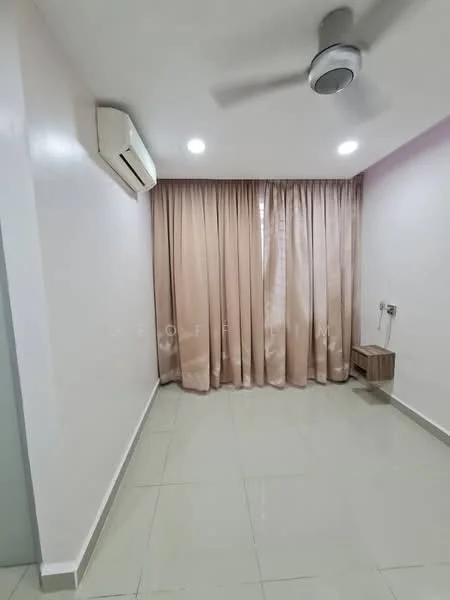 Room features: cream painted walls, glossy tile flooring, 5-blade ceiling fan, wall-mounted split AC, floor-to-ceiling windows with sheer curtains, wooden wall-mounted shelf, neutral color curtains; style: modern.