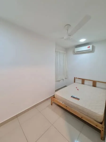 Bedroom features: white painted walls, tile flooring, ceiling fan, wall-mounted split AC, single bed frame, mattress, curtains, window, empty space, wooden bed frame; style: minimalist.