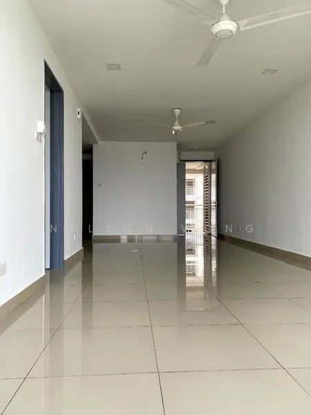 Room features: white painted walls, glossy ceramic tile flooring, ceiling with recessed lighting, 2 ceiling fans, sliding glass door, large windows, open layout, neutral color scheme; style: modern.