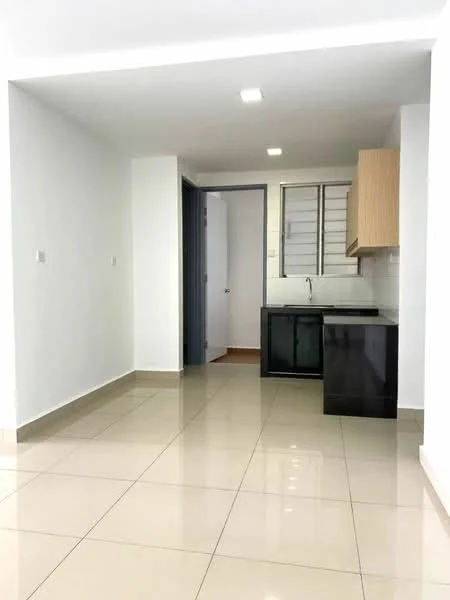 Kitchen features: white painted walls, glossy beige tile flooring, single-bowl stainless-steel sink, chrome pull-down faucet, black cabinetry, wooden upper cabinets, countertop with backsplash, recessed LED downlights; style: modern. Room features: white painted walls, glossy beige tile flooring, open layout, recessed LED downlights.