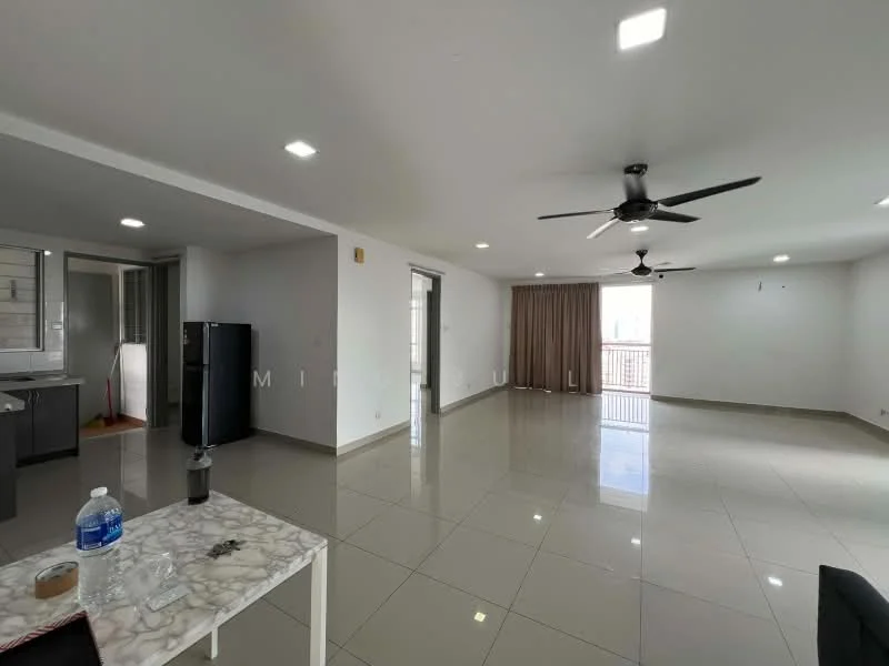 Living features: glossy ceramic tile flooring, white painted walls, recessed downlights, 5-blade ceiling fan, floor-to-ceiling windows, sliding glass door, curtains, open layout, neutral color scheme; style: modern; view: city. Kitchen features: dark cabinetry, stainless-steel fridge, marble dining table, open layout to living area; style: modern.