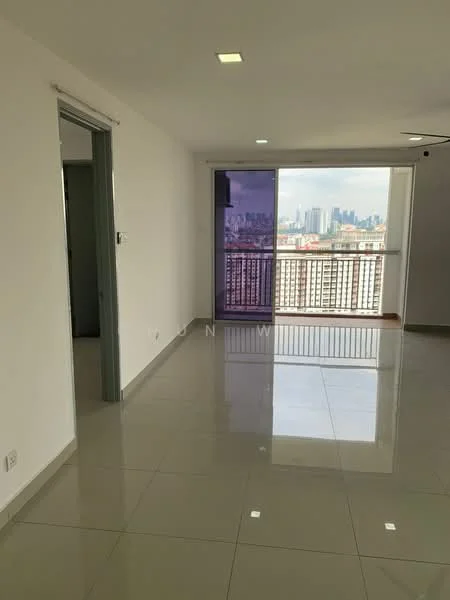 Living features: white painted walls, glossy ceramic tile flooring, floor-to-ceiling windows, sliding glass door, city view, recessed downlights, ceiling fan, open layout, balcony access; style: modern; view: city. Room features: white painted walls, glossy ceramic tile flooring, doorway leading to another room.
