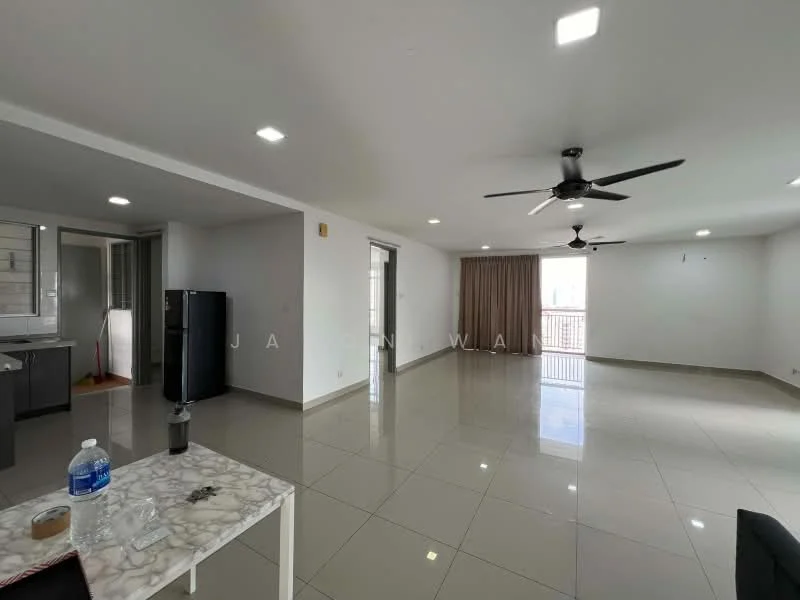 Living features: white painted walls, polished ceramic tile flooring, 5-blade ceiling fan with light, sliding glass door, floor-to-ceiling windows, curtains, recessed downlights, open layout, dining table with marble top, black refrigerator, water bottle, glass table, sofa, natural light; style: modern; view: city. Kitchen features: grey cabinetry, black refrigerator, open layout, polished ceramic tile flooring; style: modern.