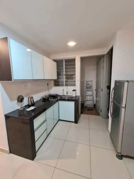 Kitchen features: white upper cabinets, dark lower cabinets, black countertop, stainless-steel fridge, built-in oven, kettle, sink, tile flooring, recessed ceiling lights, open shelving, window with metal grilles, ladder in corner; style: modern.