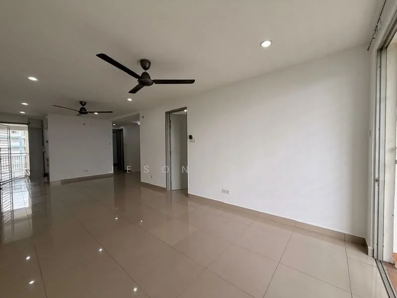 Living features: white painted walls, glossy ceramic tile flooring, 2 ceiling fans, recessed downlights, sliding glass door, floor-to-ceiling windows, open layout, natural light; style: modern; view: city.