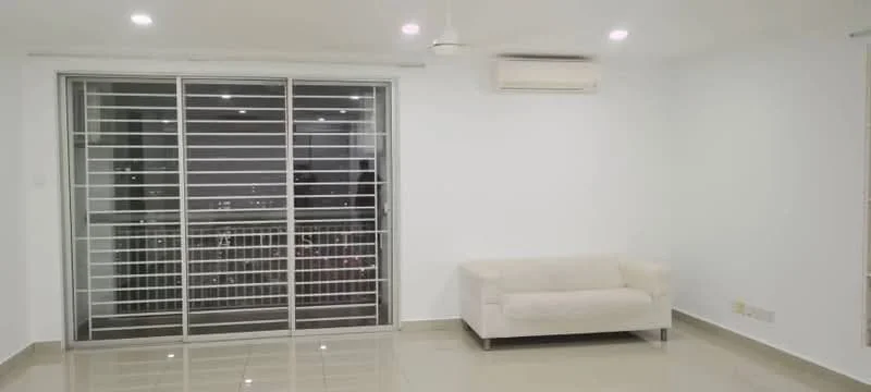 Living features: white painted walls, glossy tile flooring, 5-blade ceiling fan, wall-mounted split AC, sliding glass door, floor-to-ceiling windows, curtains, sofa in cream color; style: modern; view: city.