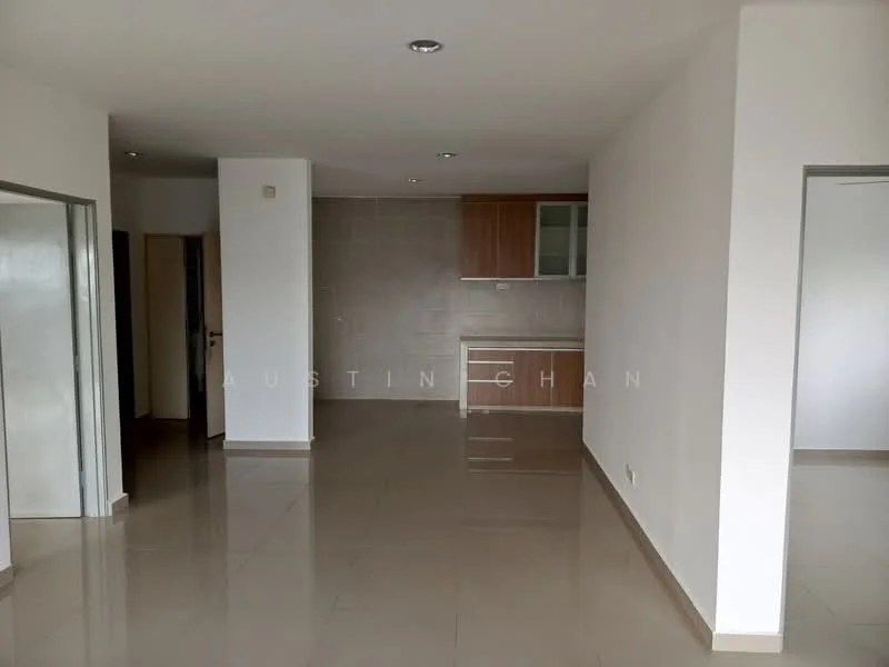Living features: white painted walls, cream tiled flooring, recessed downlights, open layout, kitchenette with wood cabinetry, glass-front upper cabinets, countertop, doorway leading to other rooms; style: modern.