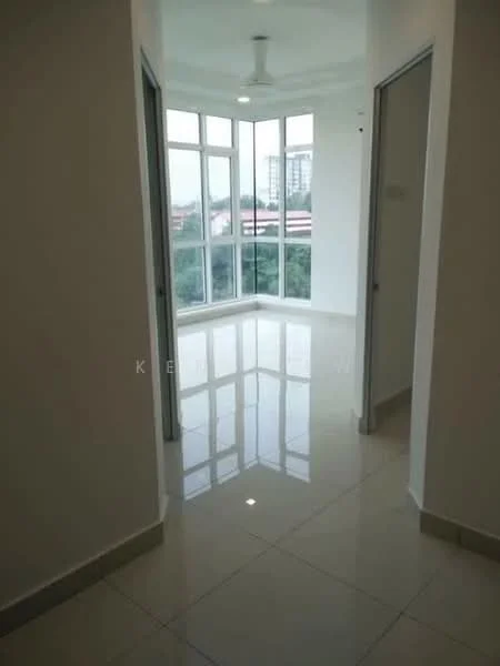Room features: white painted walls, glossy tile flooring, ceiling fan, floor-to-ceiling windows, natural light, corner room, view of greenery, neutral color scheme; style: modern; view: garden.