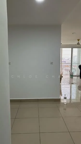 Room features: white painted walls, glossy ceramic tile flooring, recessed downlights, large windows, city view, neutral color scheme; style: modern; view: city.