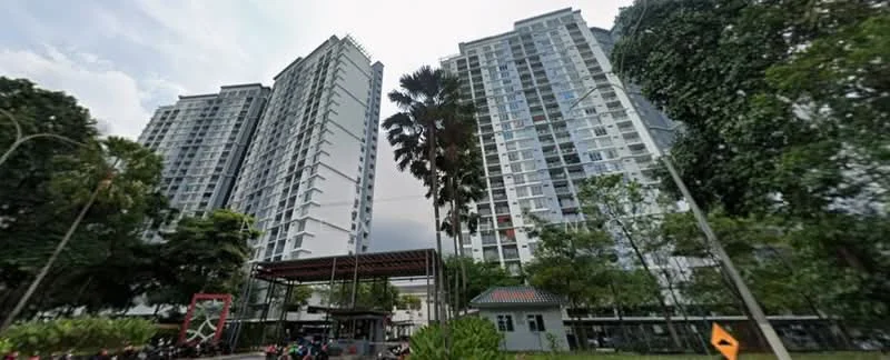 Exterior type: high-rise condominium; features: glass curtain wall, white painted facade, recessed balconies, landscaped garden, mature trees, security guard house at entrance, gated entry, multi-storey car park; style: modern.