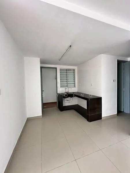 Room features: white painted walls, tile flooring, recessed ceiling lights, window with horizontal slats, built-in desk area, air conditioning unit, door leading to another room, neutral color scheme; style: modern.